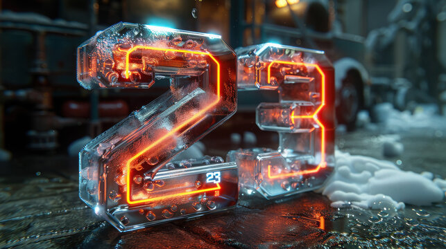 3D, gradient semi transparent glass melt, 3D number "23", edges, gradient, red glow, floating in mid air, emitting light from it. The background is black.