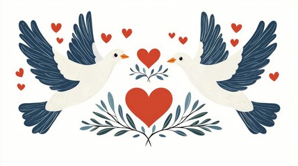 Obraz premium Two doves surrounded by hearts symbolize love and unity.