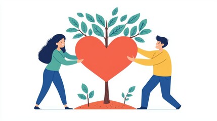 Couple nurturing love and nature with heart and tree illustration.