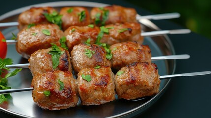 Fototapeta premium Grilled meat kebabs are arranged on a black plate, garnished with fresh herbs, lime slices, and accompanied by small bowls of creamy dipping sauces.