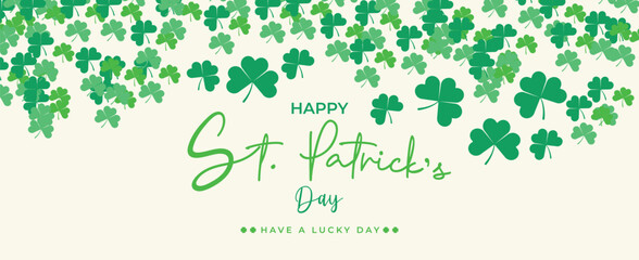 Saint Patrick's Day Web Banner with Green Shamrock Leaf Pattern Background. Happy St. Patrick Day Irish Traditional Holiday Banner for Greeting Card, Poster, Flyer, and Social Media Isolated