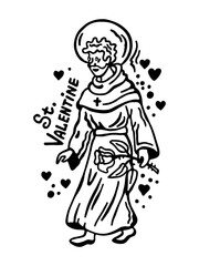 Illustration Saint Valentine, the patron saint of all lovers,black outline on a white background