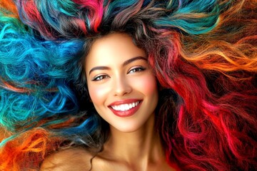 Fototapeta premium Commercial commercial idea. Long hairdo - multicolored hair. Lovely happy black girl - for ads, brochure and social apps use. Fashion with stylish black models. Stunning black advertising.