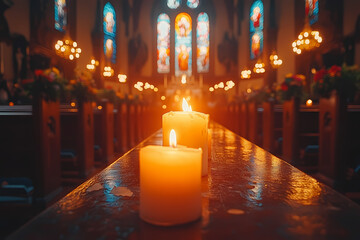 A serene church interior on Ash Wednesday, bathed in soft light