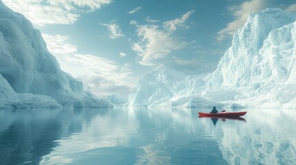 Paddling through icy waters surrounded by massive glaciers on a serene day in a remote location