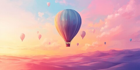 Fototapeta premium Hot Air Balloons Soar Over Pastel Sunset Landscape