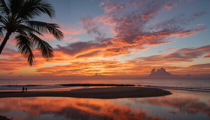 Serene sunset over tranquil beach with palm trees, nature's beauty