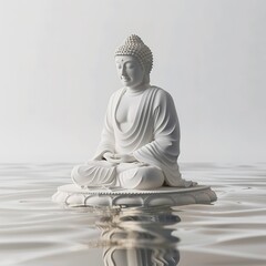 Fototapeta premium Buddha statue sitting on ripple wave water white tone in concept minimal, peaceful