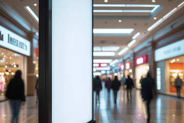 Fototapeta premium the interior of the shopping center. In the center is a large vertical billboard with an empty white screen.