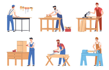 Carpenters with different tools. Woodworking. Making wooden furniture. Creating wooden structures. Vector illustrations