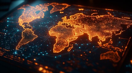 Fototapeta premium Futuristic glowing world map with digital network visualization. Generative AI