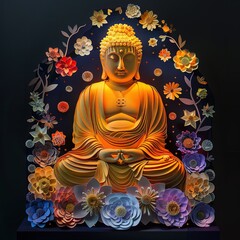 Obraz premium Glowing golden buddha with colorful paper cut flowers
