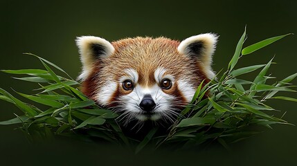 Naklejka premium Red panda peering from bamboo, dark background, wildlife portrait, nature stock