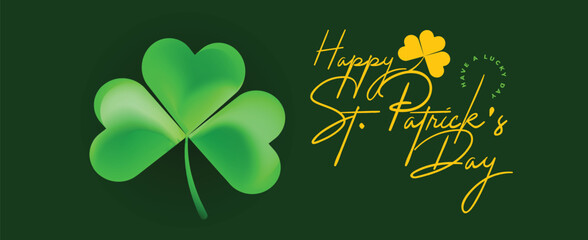Saint Patrick's Day Web Banner with Green Shamrock Leaf Pattern Background. Happy St. Patrick Day Irish Traditional Holiday Banner for Greeting Card, Poster, Flyer, and Social Media Isolated