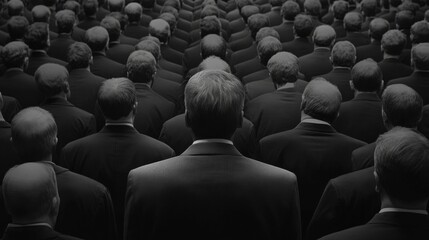 Obraz premium Anonymous crowd of men in suits viewed from behind.