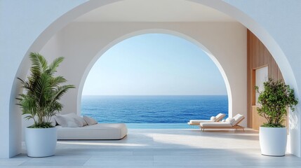 Obraz premium Spacious interior with ocean view and relaxing lounge chairs. Generative AI