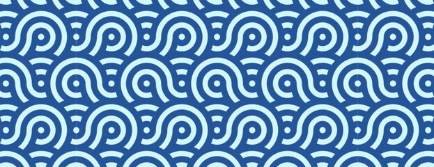 Obraz premium Pasta background, vector ramen noodle blue and white seamless wave pattern. Poster or wallpaper with abstract italian meal ornaments. Oriental asian food, spaghetti texture with geometric wavy lines.