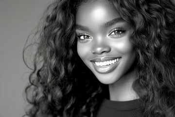 Fototapeta premium Stunning smiling black girl - for ads, lane poster and online promotion networks use. Commercial commercial concept design idea design. Long trim - curly hair. Afro-american beauty portraits.