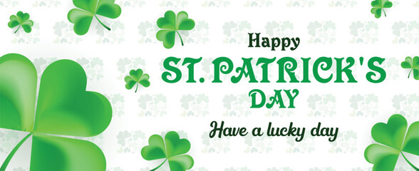 Saint Patrick's Day Web Banner with Green Shamrock Leaf Pattern Background. Happy St. Patrick Day Irish Traditional Holiday Banner for Greeting Card, Poster, Flyer, and Social Media Isolated