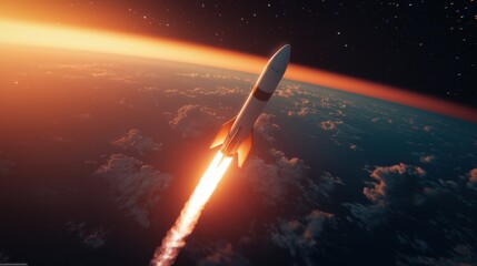 SpaceX Falcon 9 rocket mid-launch, with visible stage separation in progress, the lower stage descending with glowing engines, while the upper stage ascends further into space, Earthâ€™s horizon