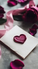 Fototapeta premium Creating a romantic atmosphere with a heart seal and rose petals on a soft surface for a heartfelt message