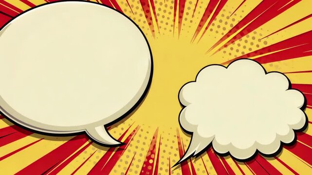 A cartoon drawing of two speech bubbles, one of which is white, and the other is yellow. The white bubble is empty, and the yellow bubble is filled with a cloud