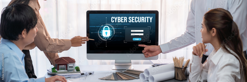 Poster cyber security system on computer screen protect private information brisk from hacker and cyber att