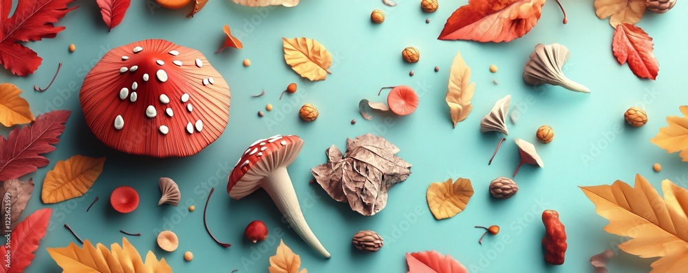 Aufkleber 3d rendering of a festive autumnal scene with mushrooms and vibrant leaves against a turquoise backd