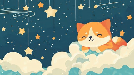 A Cute Puppy Dreams Among Hanging Stars and Clouds