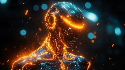 A cybernetic humanoid figure with glowing neon circuitry, standing in a dark environment, showcasing futuristic technology 