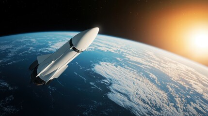 SpaceX rocket captured in orbit, the spacecraftâ€™s sleek design glowing against the deep black of space, Earthâ€™s curvature visible below with shimmering oceans and soft clouds, the composition