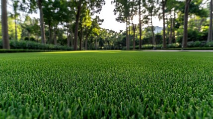 Obraz premium A vibrant green lawn stretches under soft sunlight, creating a peaceful atmosphere. The rays break through the trees, casting gentle shadows on the grass