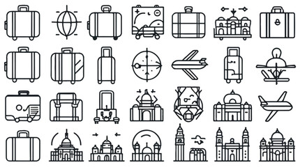 Line art travel icons: luggage, planes, landmarks. Perfect for digital design, travel apps, and websites.