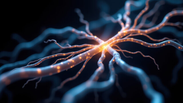 Electronically stimulated neurons with glowing synapses for VNS or vagus nerve stimulation representation.