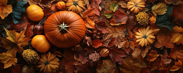 Fototapeta premium Create a cozy fall display with a pumpkin, gourds, and vibrant leaves for a festive atmosphere