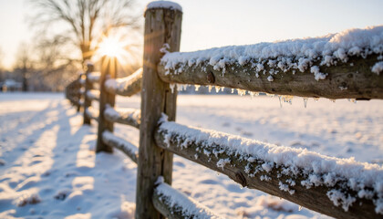 Frost-covered fence with snow and sunset light