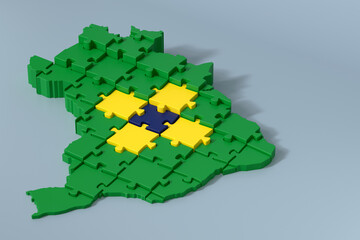 Brazil map puzzle with Brazilian flag colors forming in the center over light green background
