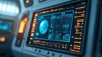 Fototapeta premium A SpaceX astronaut during a high-stakes mission, illuminated by the glow of emergency lights inside the spacecraft, focused intently on a glowing screen displaying mission-critical data, tools and