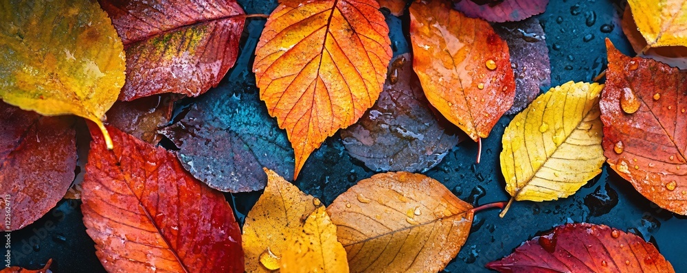 Aufkleber colorful wet autumn leaves scattered on a dark surface create a vibrant backdrop