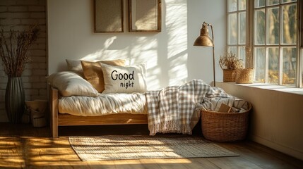 Cozy bedroom with natural light and plaid bedding. Generative AI