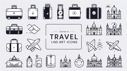 Line art travel icons: luggage, planes, landmarks. Perfect for digital design, travel apps, and websites.