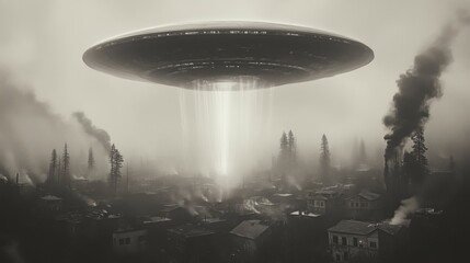 Naklejka premium Huge ufo hovering over industrial town emitting smoke and fog