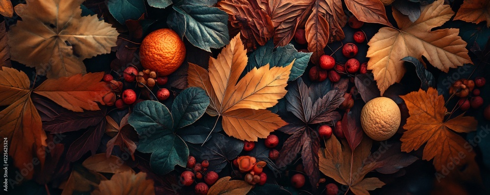 Aufkleber Diverse array of vibrant autumn leaves and berries forming a festive backdrop for fall
