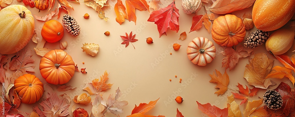 Poster Festive autumn arrangement creating a natural frame with copy space on a beige background