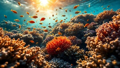 Fototapeta premium Vibrant Coral Reef Scene with Colorful Fish