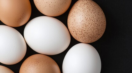 Fresh eggs arranged on black background, healthy food concept, kitchen setting, cooking ingredient