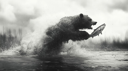 Obraz premium Brown bear catching salmon in river, wildlife action