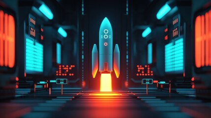 Obraz premium A futuristic SpaceX rocket launching from an advanced, high-tech spaceport, glowing blue and orange exhaust flames illuminating the sleek metallic surface of the rocket, robotic drones and automated