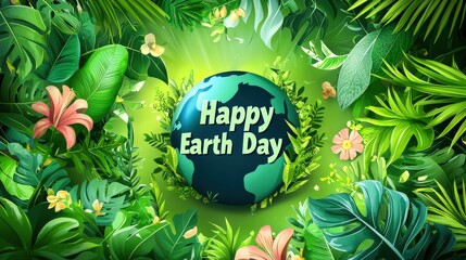 A vibrant banner design showcases a globe enveloped by lush greenery and colorful flowers, with “Happy Earth Day” prominently displayed in bold, eye-catching lettering.
