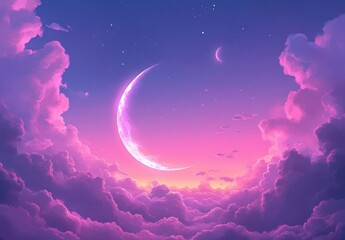 Obraz premium Dreamy night sky with vibrant pink and purple clouds, crescent moon, and starry backdrop, creating a serene and magical atmosphere in nature